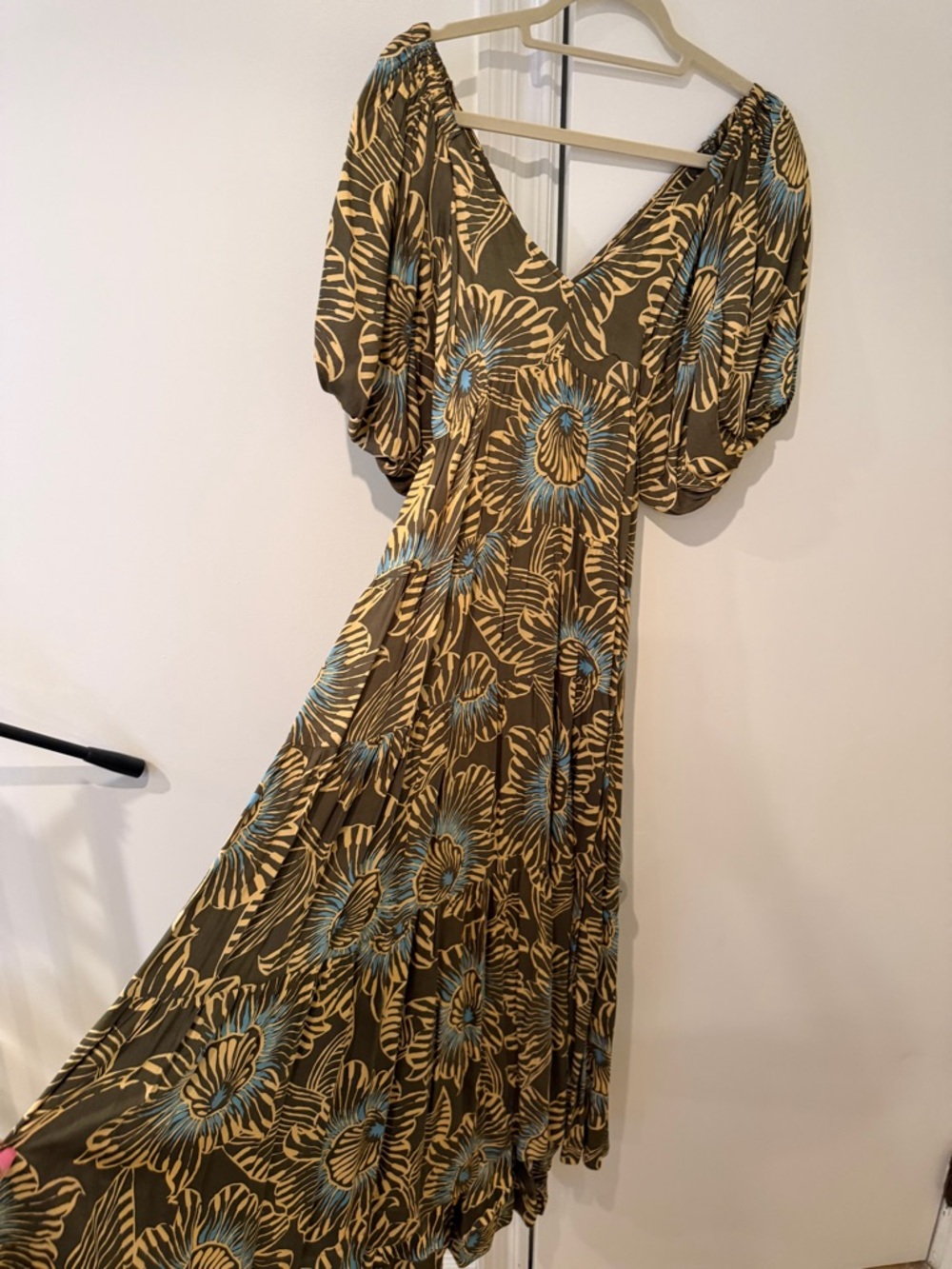 Olive Floral Maxi Dress with Puff Sleeves